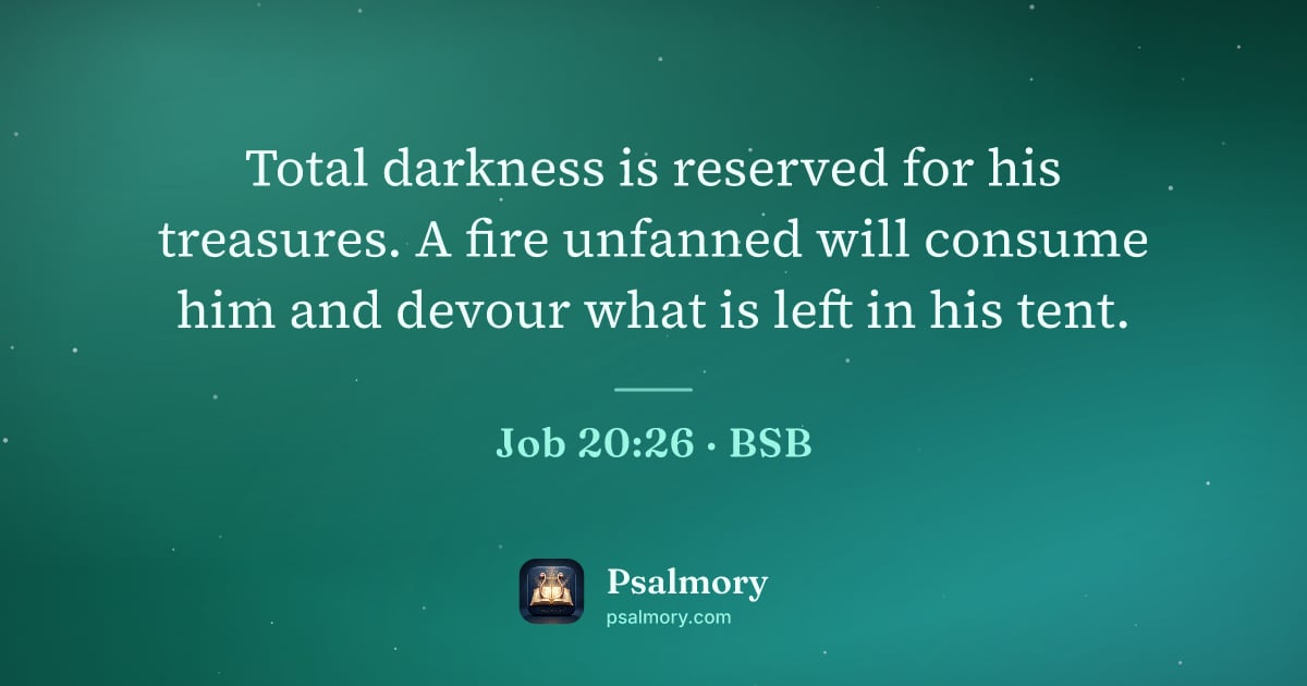 Job 20:26 verse artwork: Total darkness is reserved for his treasures. A fire unfanned will consume him and…