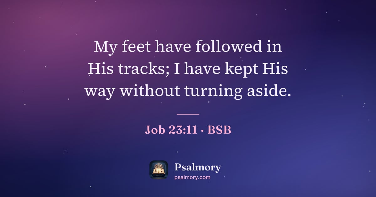 Job 23:11 verse artwork: My feet have followed in His tracks; I have kept His way without turning aside.