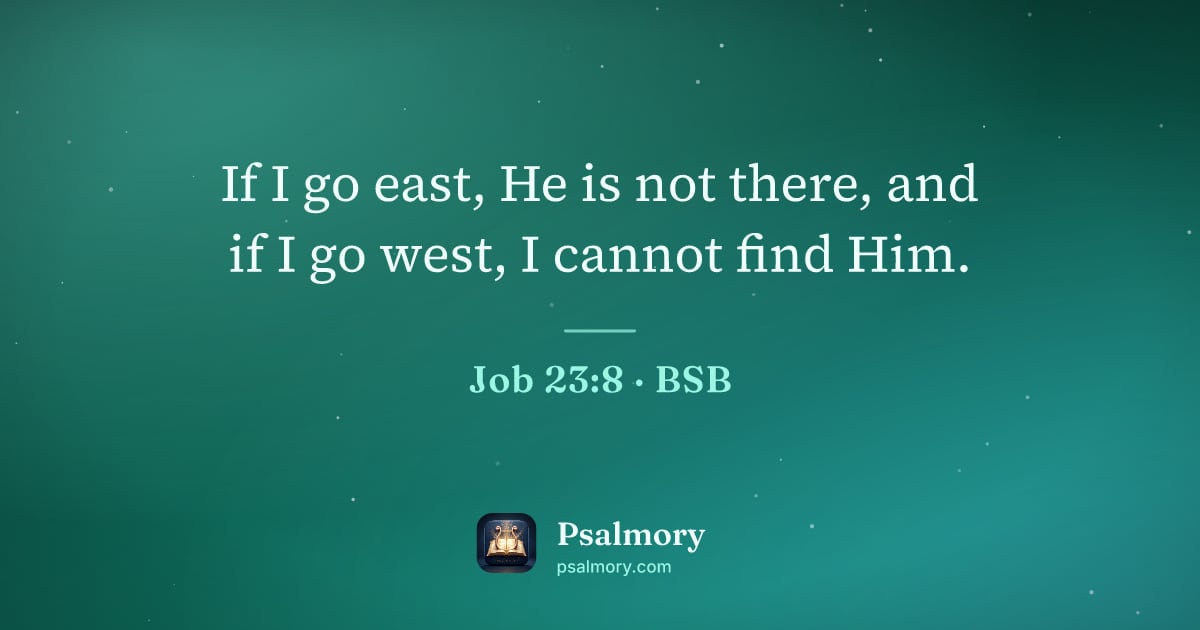 Job 23:8 verse artwork: If I go east, He is not there, and if I go west, I cannot find Him.
