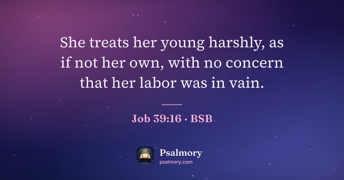 Job 39:16 verse artwork: She treats her young harshly, as if not her own, with no concern that her labor was in…