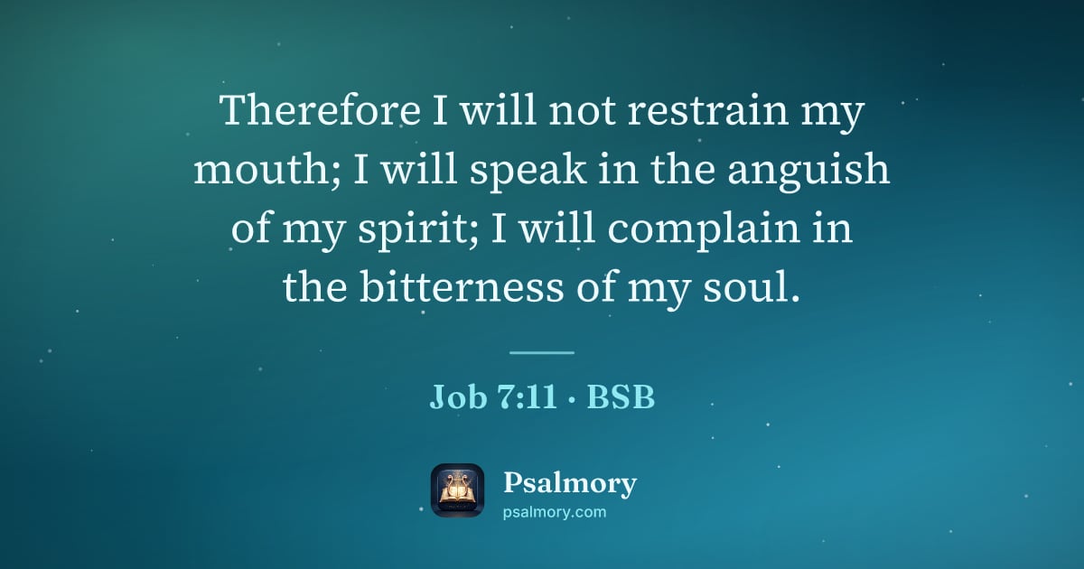 Job 7:11 verse artwork: Therefore I will not restrain my mouth; I will speak in the anguish of my spirit; I will…
