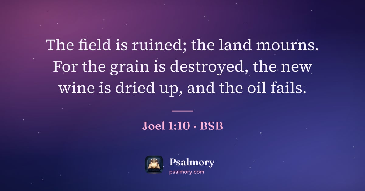 Joel 1:10 verse artwork: The field is ruined; the land mourns. For the grain is destroyed, the new wine is dried…