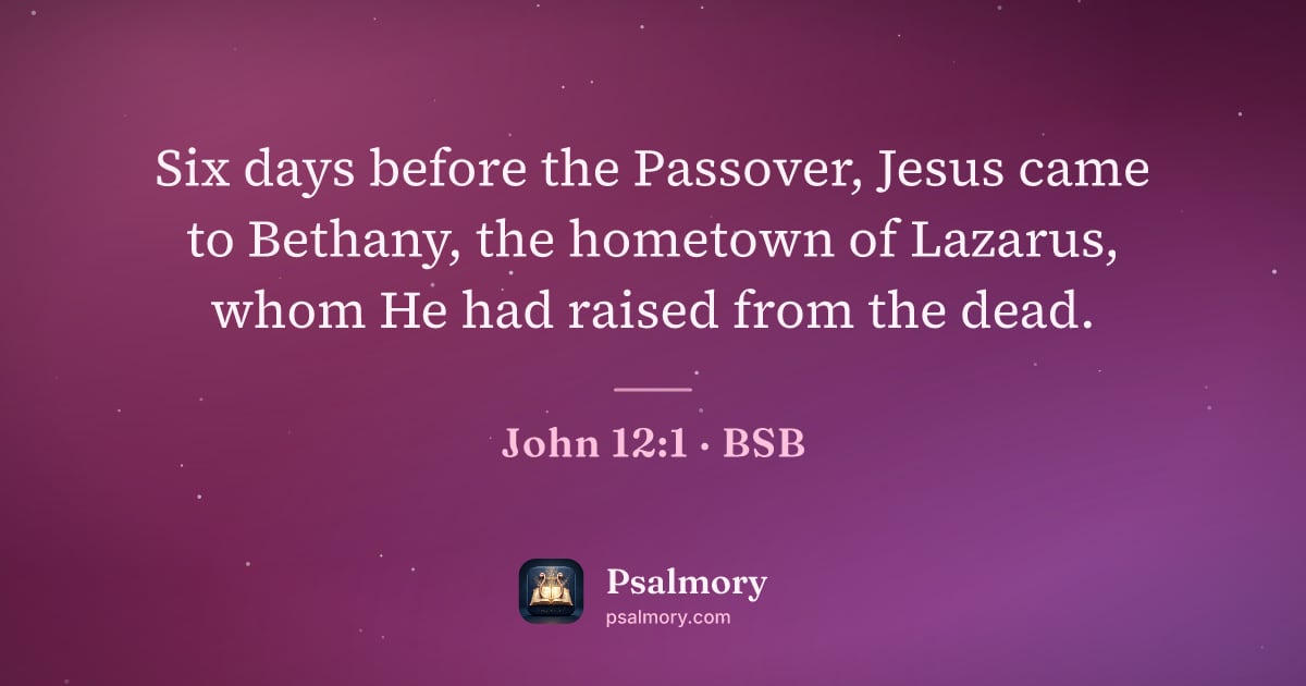 John 12:1 verse artwork: Six days before the Passover, Jesus came to Bethany, the hometown of Lazarus, whom He…