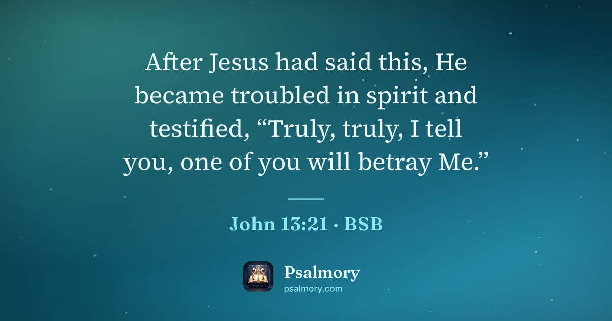 John 13:21 verse artwork: After Jesus had said this, He became troubled in spirit and testified, “Truly, truly, I…