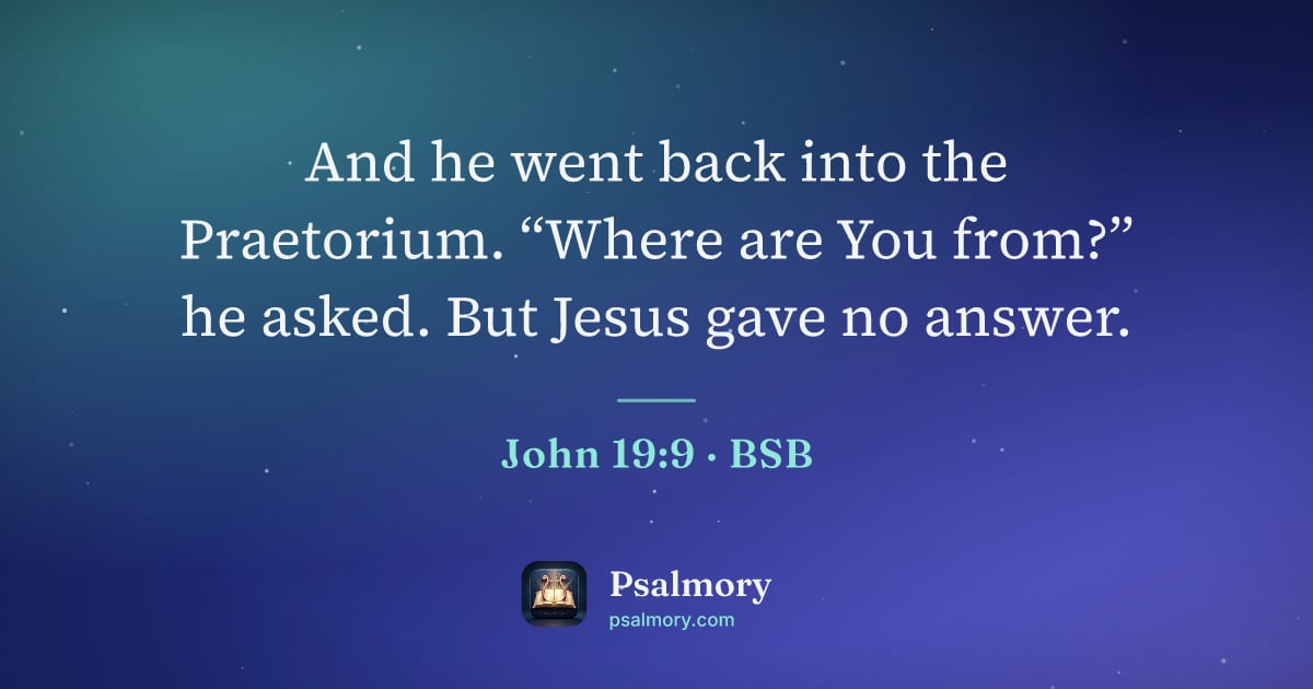 John 19:9 verse artwork: And he went back into the Praetorium. “Where are You from?” he asked. But Jesus gave no…