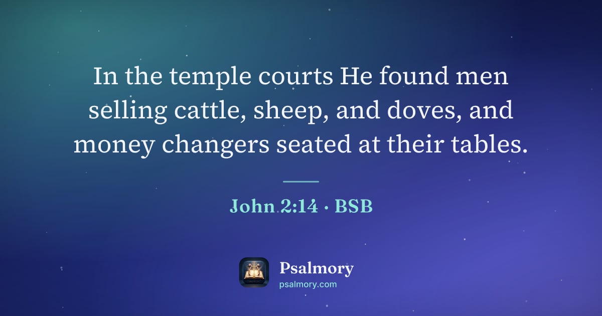 John 2:14 verse artwork: In the temple courts He found men selling cattle, sheep, and doves, and money changers…