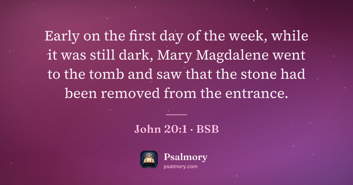 John 20:1 verse artwork: Early on the first day of the week, while it was still dark, Mary Magdalene went to the…
