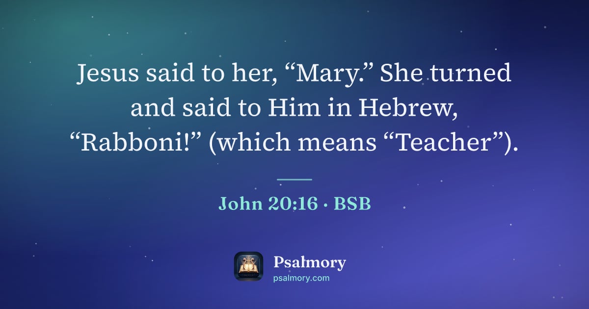 John 20:16 verse artwork: Jesus said to her, “Mary.” She turned and said to Him in Hebrew, “Rabboni!” (which means…