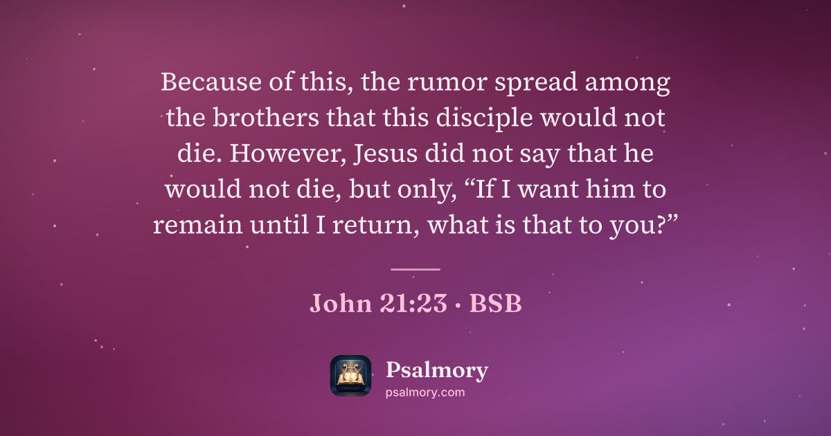 John 21:23 verse artwork: Because of this, the rumor spread among the brothers that this disciple would not die.…