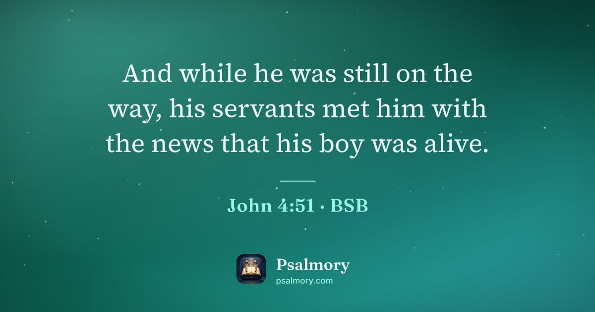 John 4:51 verse artwork: And while he was still on the way, his servants met him with the news that his boy was…