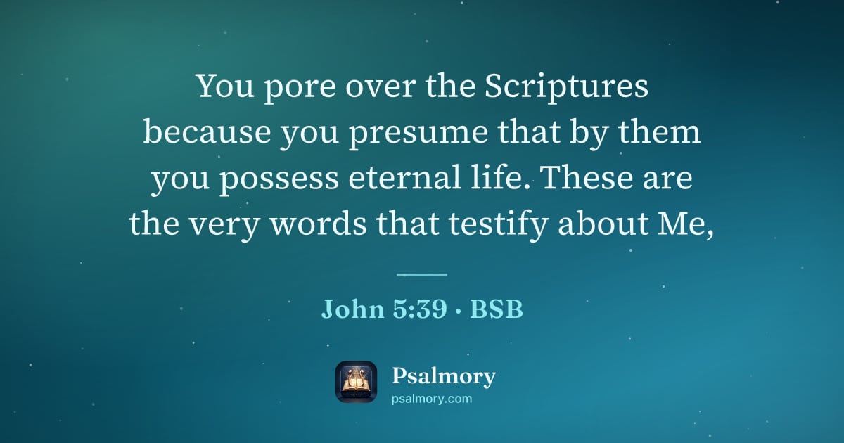 John 5:39 verse artwork: You pore over the Scriptures because you presume that by them you possess eternal life.…