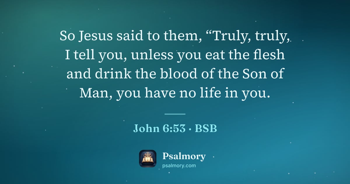 John 6:53 verse artwork: So Jesus said to them, “Truly, truly, I tell you, unless you eat the flesh and drink the…