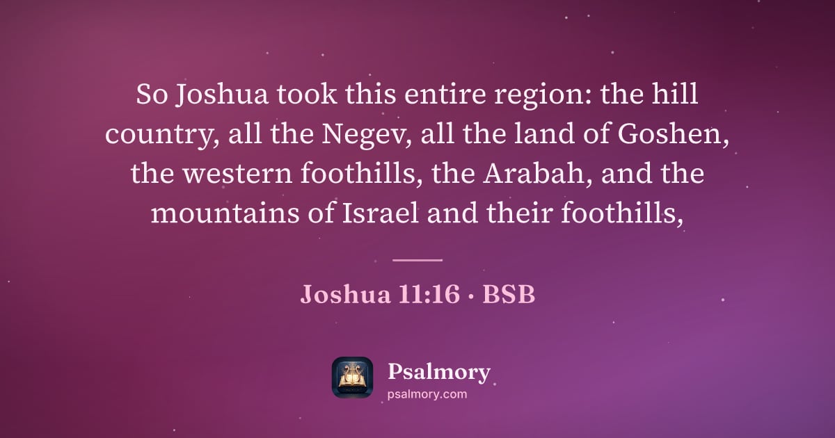 Joshua 11:16 verse artwork: So Joshua took this entire region: the hill country, all the Negev, all the land of…