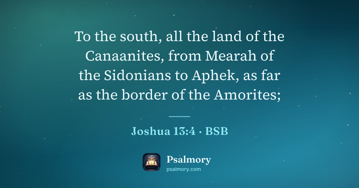 Joshua 13:4 verse artwork: To the south, all the land of the Canaanites, from Mearah of the Sidonians to Aphek, as…