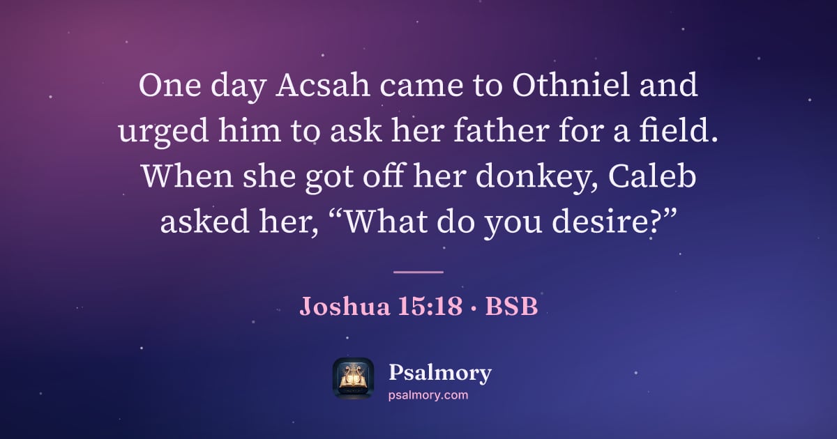 Joshua 15:18 verse artwork: One day Acsah came to Othniel and urged him to ask her father for a field. When she got…