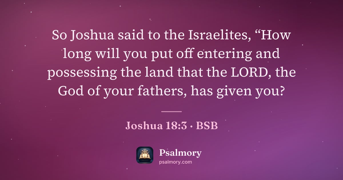 Joshua 18:3 verse artwork: So Joshua said to the Israelites, “How long will you put off entering and possessing the…