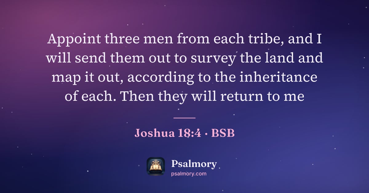 Joshua 18:4 verse artwork: Appoint three men from each tribe, and I will send them out to survey the land and map…