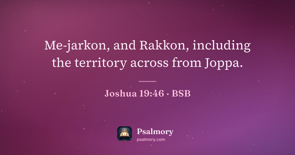 Joshua 19:46 verse artwork: Me-jarkon, and Rakkon, including the territory across from Joppa.