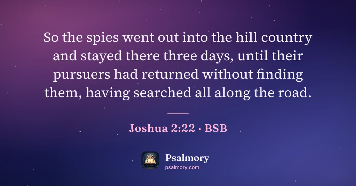 Joshua 2:22 verse artwork: So the spies went out into the hill country and stayed there three days, until their…