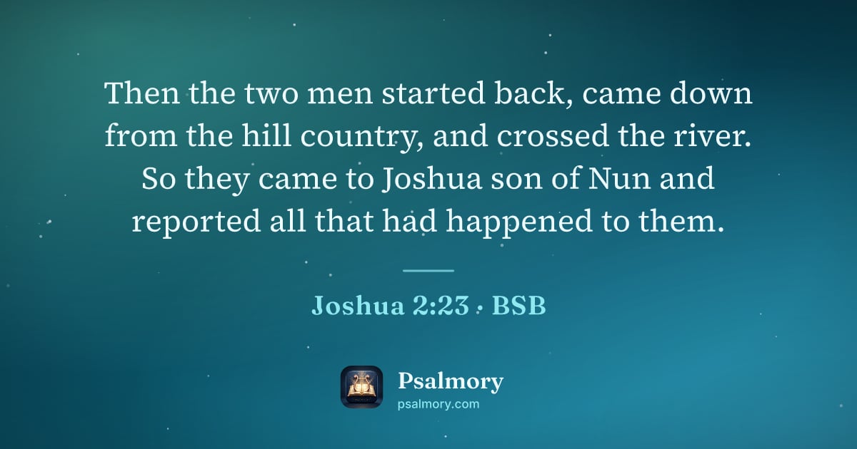 Joshua 2:23 verse artwork: Then the two men started back, came down from the hill country, and crossed the river.…