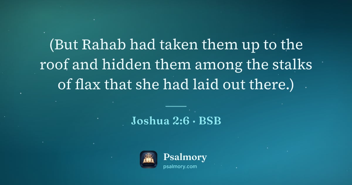 Joshua 2:6 verse artwork: (But Rahab had taken them up to the roof and hidden them among the stalks of flax that…