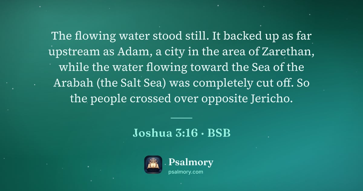 Joshua 3:16 verse artwork: The flowing water stood still. It backed up as far upstream as Adam, a city in the area…