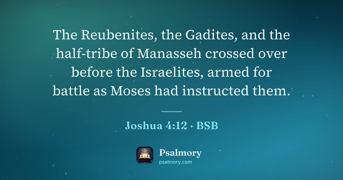 Joshua 4:12 verse artwork: The Reubenites, the Gadites, and the half-tribe of Manasseh crossed over before the…