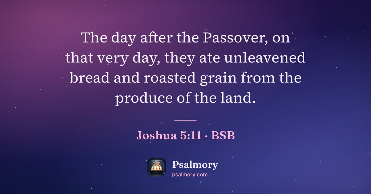 Joshua 5:11 verse artwork: The day after the Passover, on that very day, they ate unleavened bread and roasted…