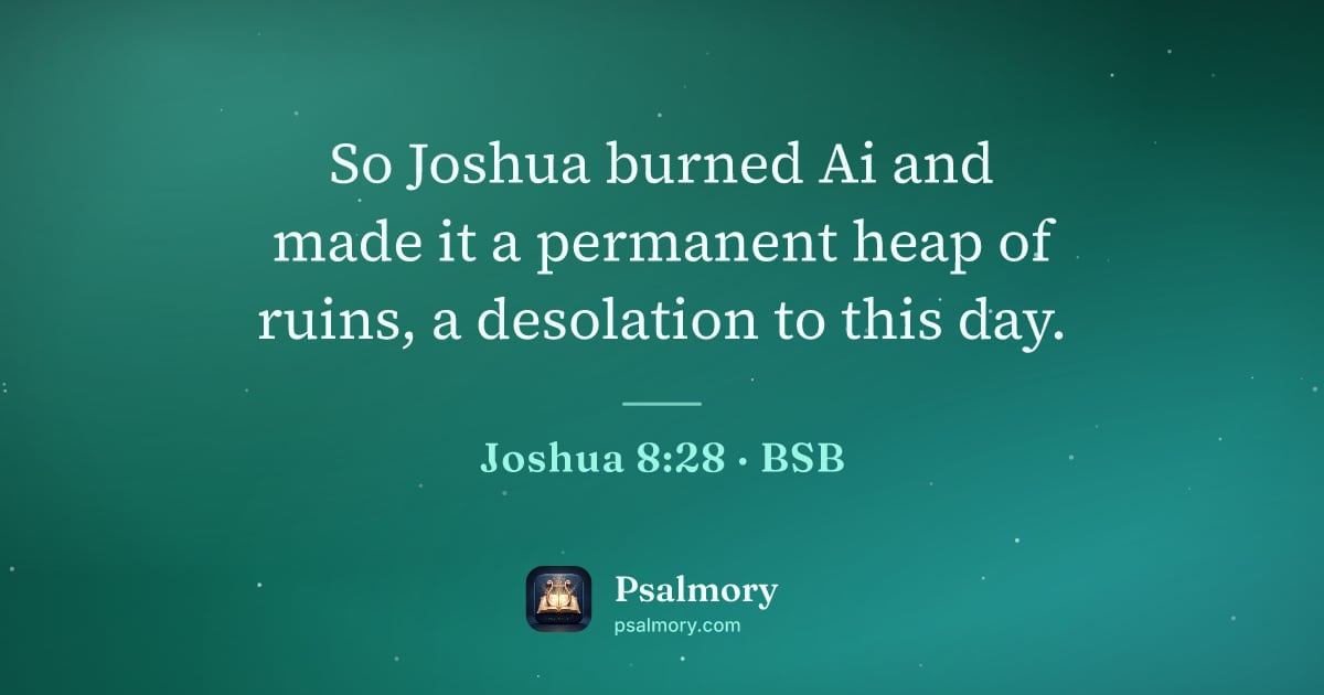 Joshua 8:28 verse artwork: So Joshua burned Ai and made it a permanent heap of ruins, a desolation to this day.