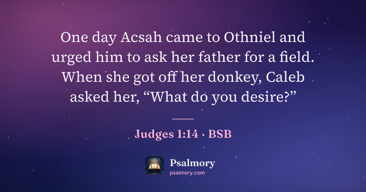 Judges 1:14 verse artwork: One day Acsah came to Othniel and urged him to ask her father for a field. When she got…