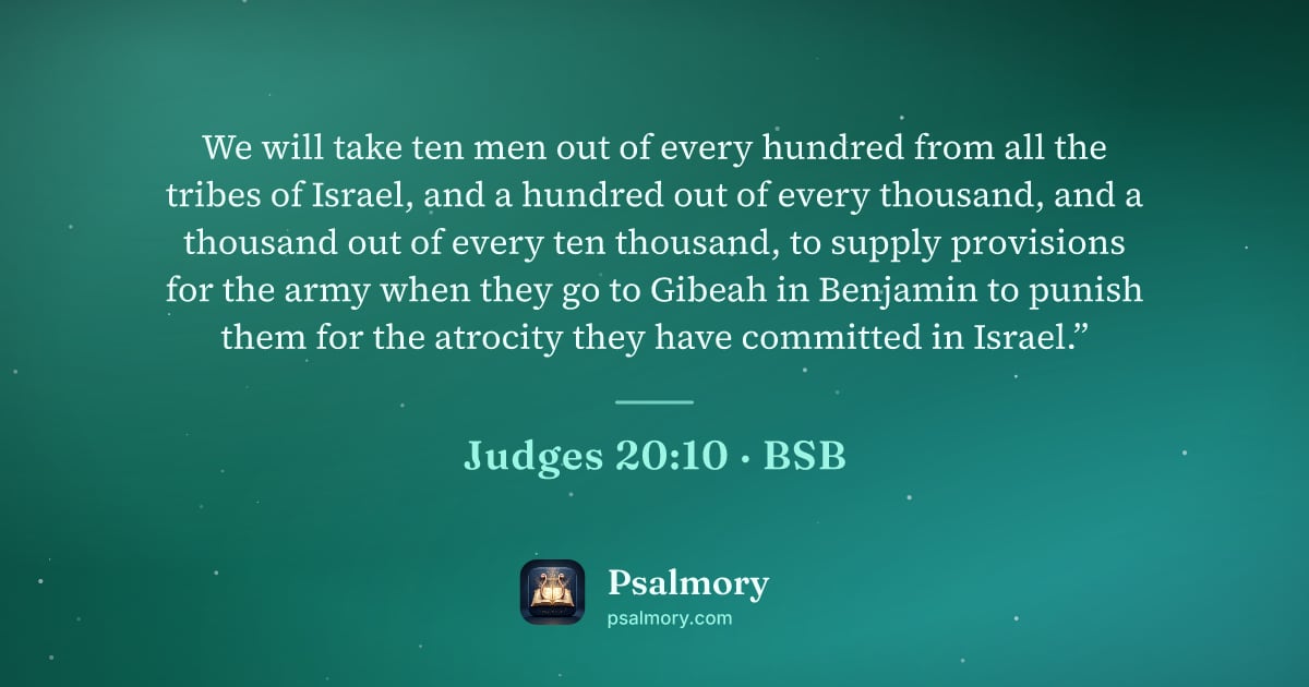 Judges 20:10 verse artwork: We will take ten men out of every hundred from all the tribes of Israel, and a hundred…