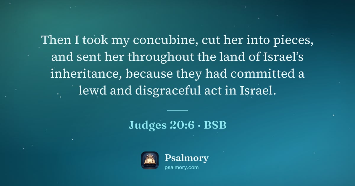 Judges 20:6 verse artwork: Then I took my concubine, cut her into pieces, and sent her throughout the land of…