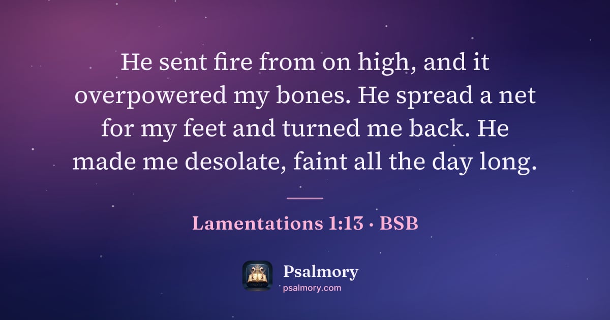 Lamentations 1:13 verse artwork: He sent fire from on high, and it overpowered my bones. He spread a net for my feet and…