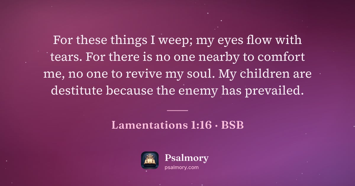 Lamentations 1:16 verse artwork: For these things I weep; my eyes flow with tears. For there is no one nearby to comfort…