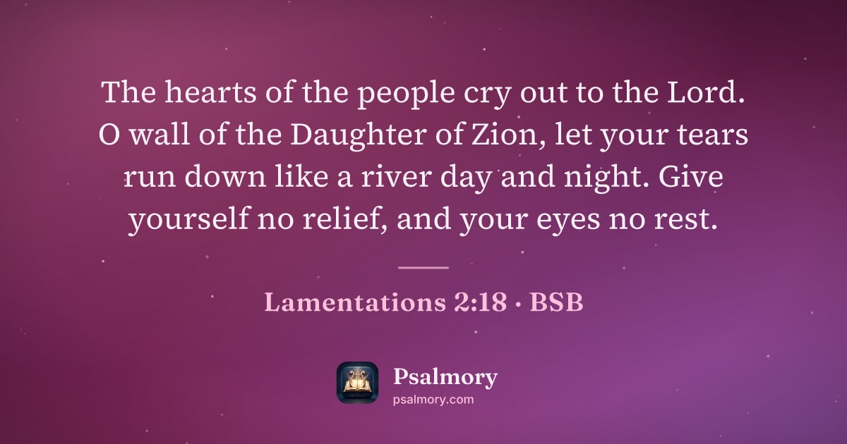 Lamentations 2:18 verse artwork: The hearts of the people cry out to the Lord. O wall of the Daughter of Zion, let your…
