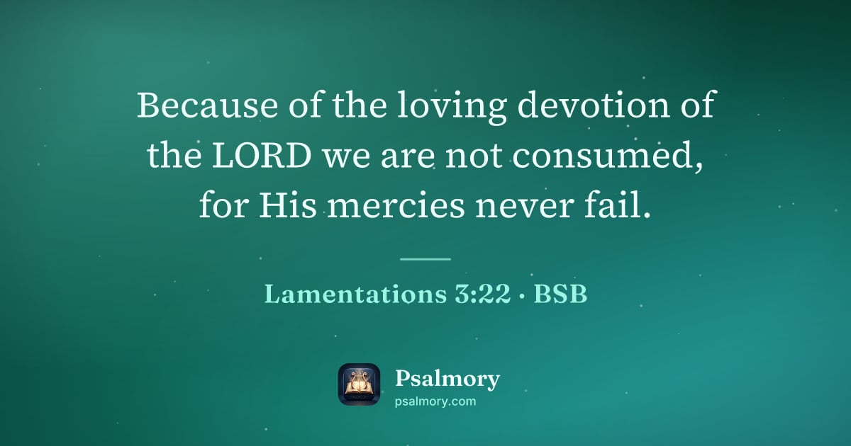 Lamentations 3:22 verse artwork: Because of the loving devotion of the LORD we are not consumed, for His mercies never…