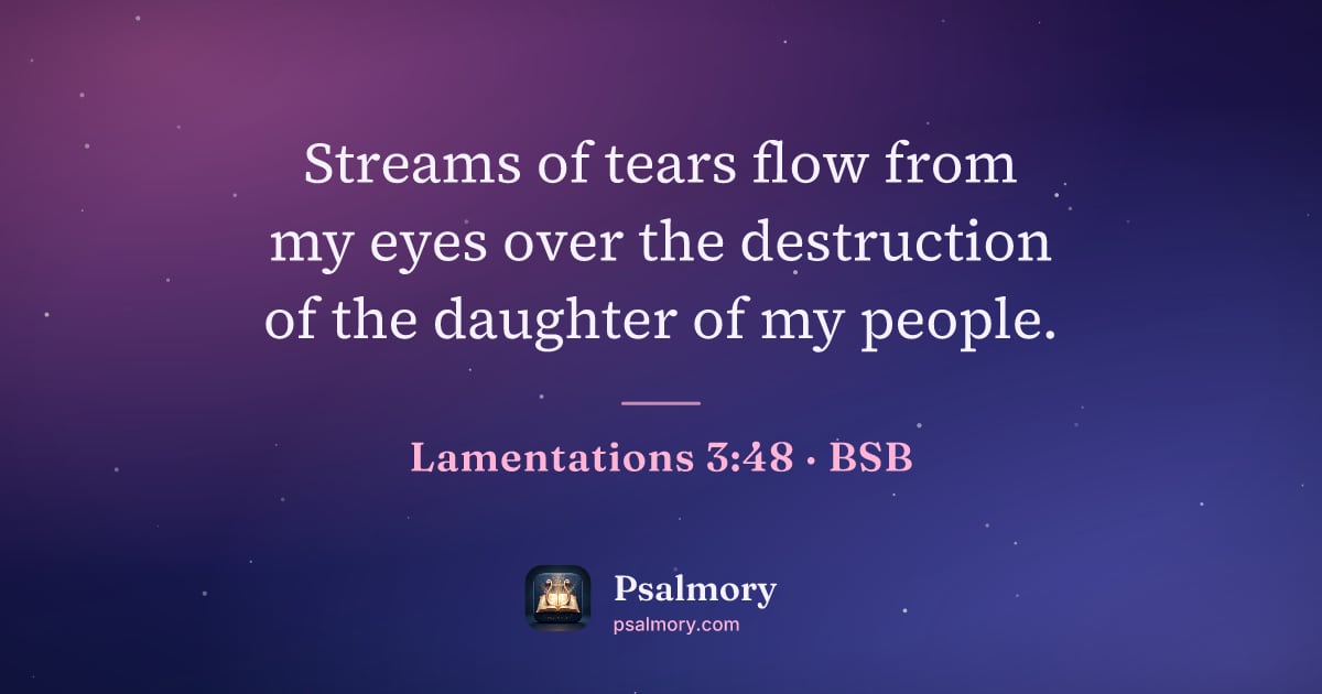 Lamentations 3:48 verse artwork: Streams of tears flow from my eyes over the destruction of the daughter of my people.