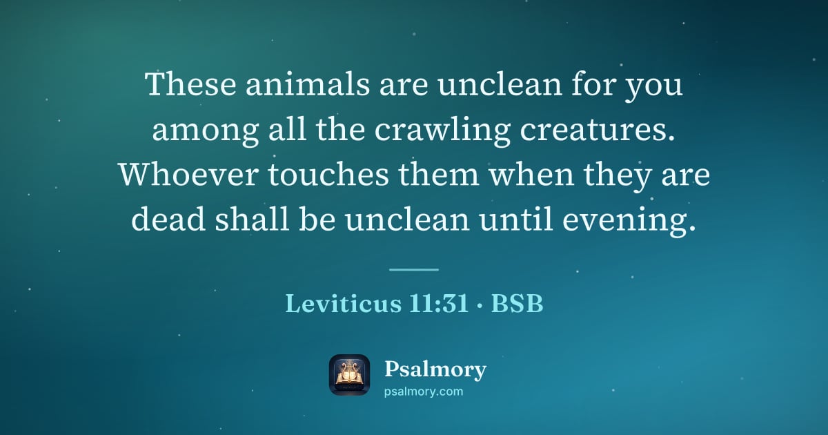 Leviticus 11:31 verse artwork: These animals are unclean for you among all the crawling creatures. Whoever touches them…