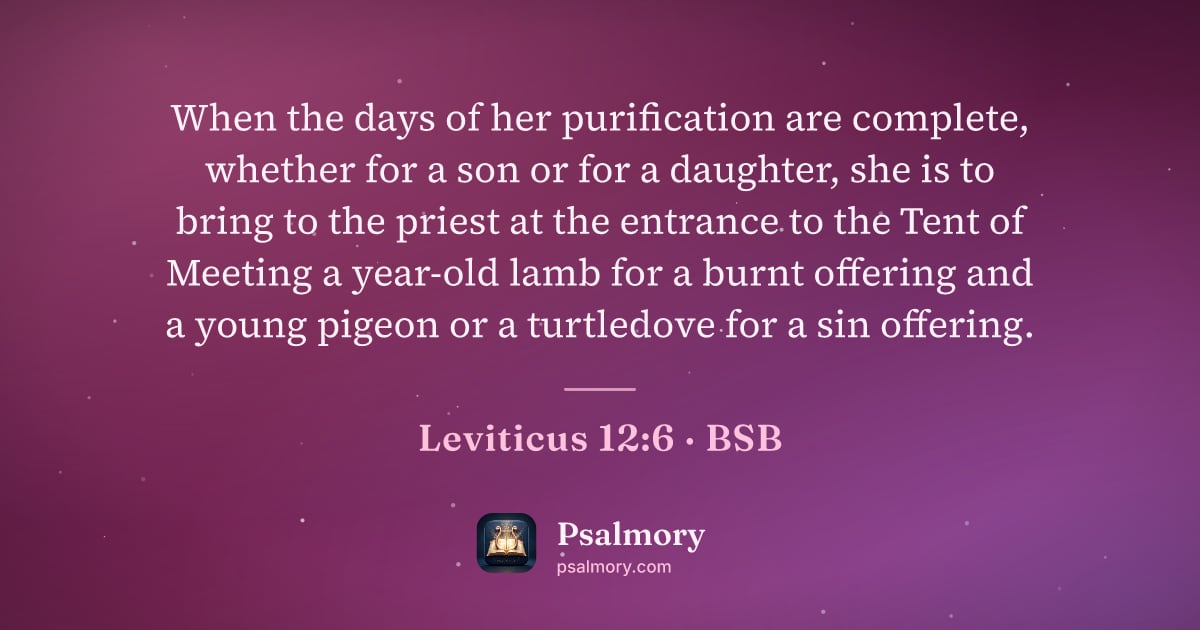Leviticus 12:6 verse artwork: When the days of her purification are complete, whether for a son or for a daughter, she…