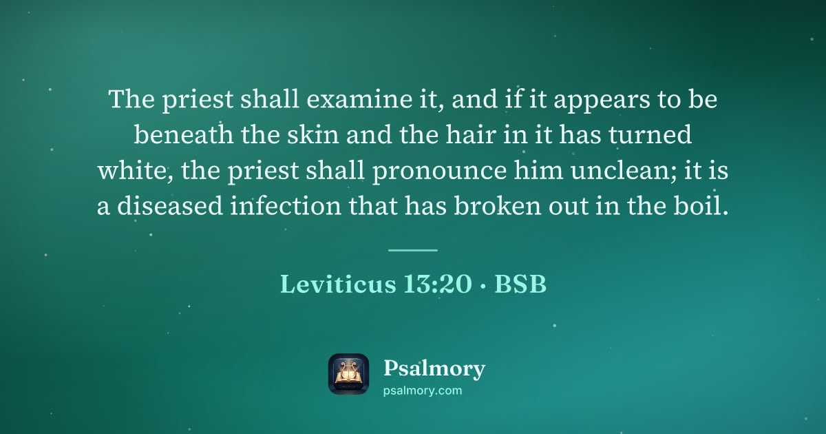 Leviticus 13:20 verse artwork: The priest shall examine it, and if it appears to be beneath the skin and the hair in it…