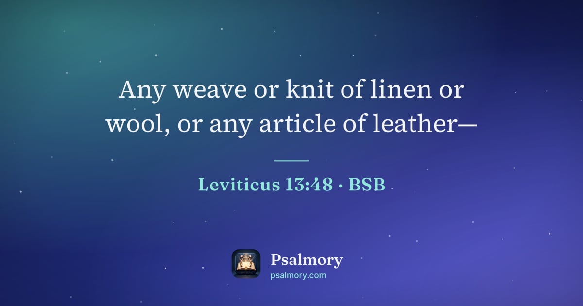 Leviticus 13:48 verse artwork: Any weave or knit of linen or wool, or any article of leather—