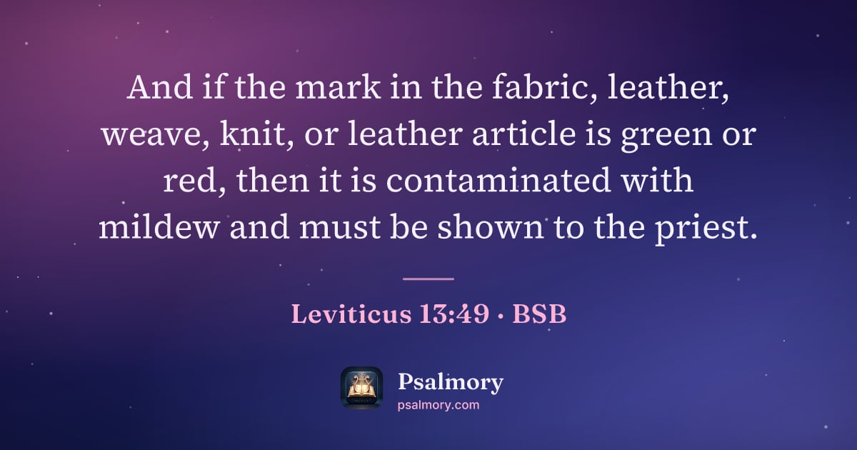 Leviticus 13:49 verse artwork: And if the mark in the fabric, leather, weave, knit, or leather article is green or red,…