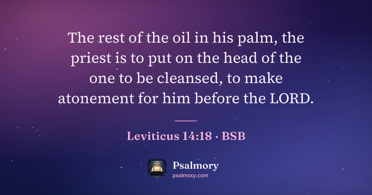 Leviticus 14:18 verse artwork: The rest of the oil in his palm, the priest is to put on the head of the one to be…