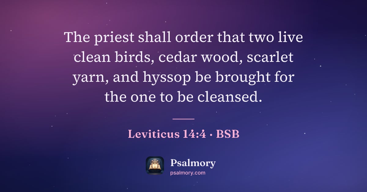 Leviticus 14:4 verse artwork: The priest shall order that two live clean birds, cedar wood, scarlet yarn, and hyssop…