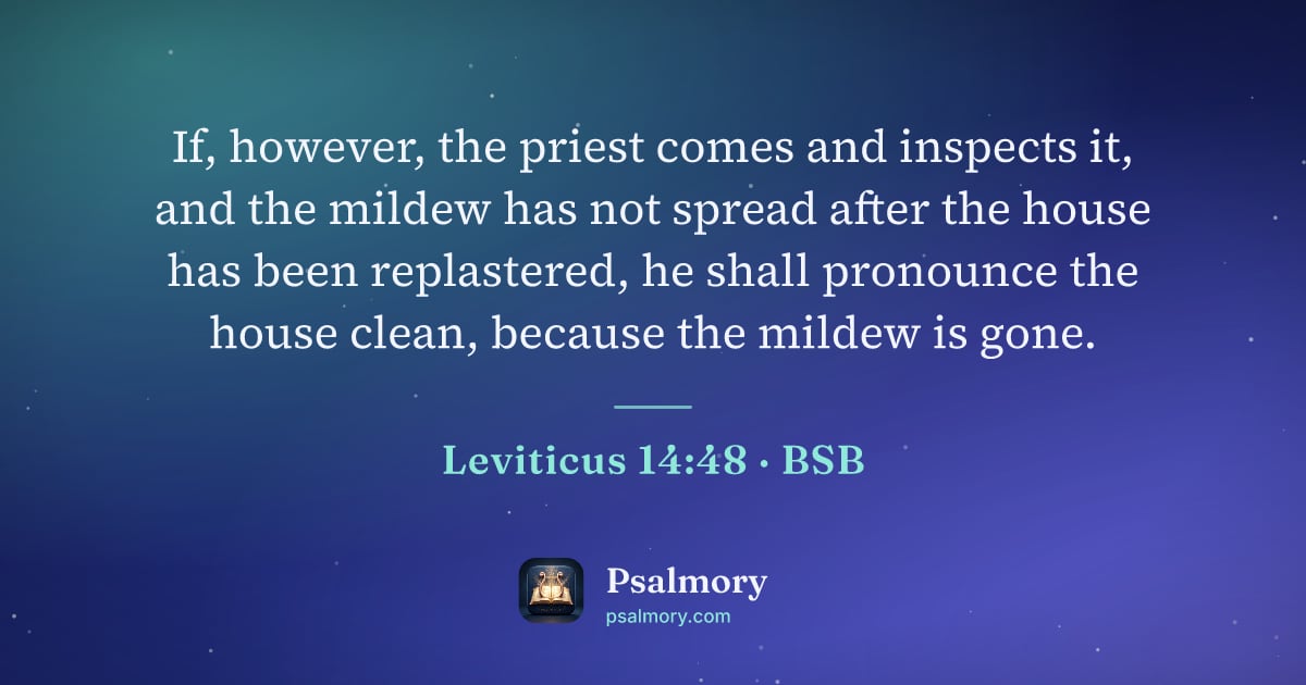 Leviticus 14:48 verse artwork: If, however, the priest comes and inspects it, and the mildew has not spread after the…