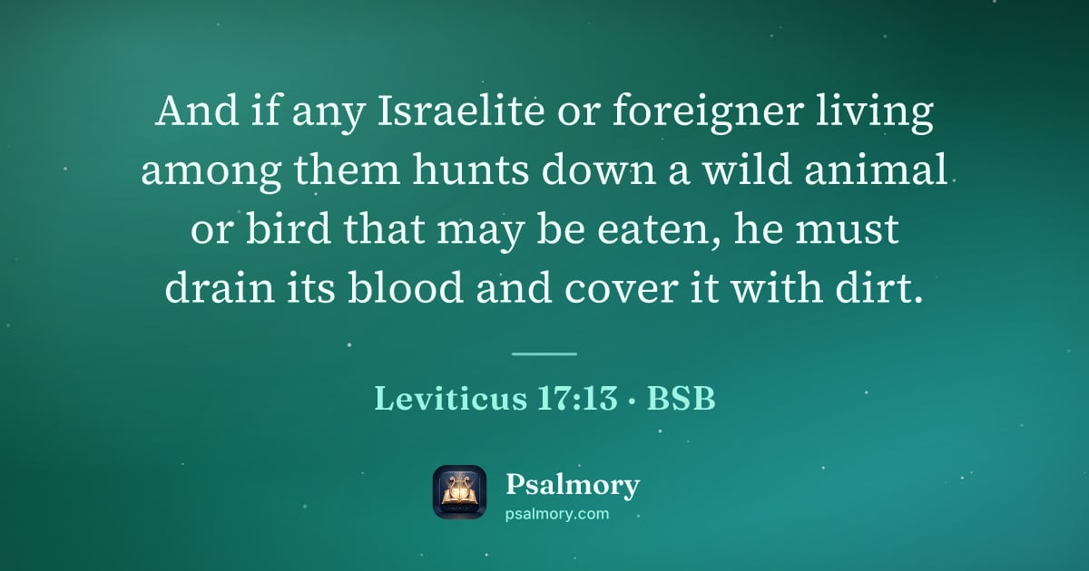Leviticus 17:13 verse artwork: And if any Israelite or foreigner living among them hunts down a wild animal or bird…
