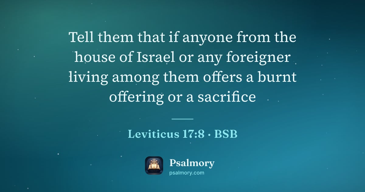Leviticus 17:8 verse artwork: Tell them that if anyone from the house of Israel or any foreigner living among them…