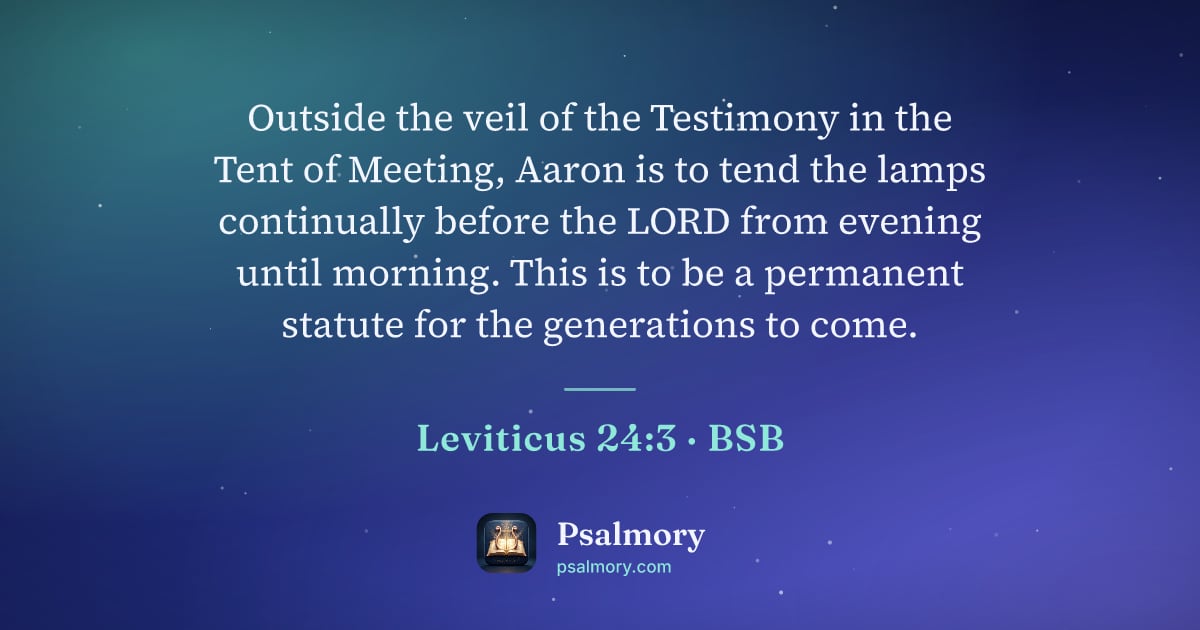 Leviticus 24:3 verse artwork: Outside the veil of the Testimony in the Tent of Meeting, Aaron is to tend the lamps…