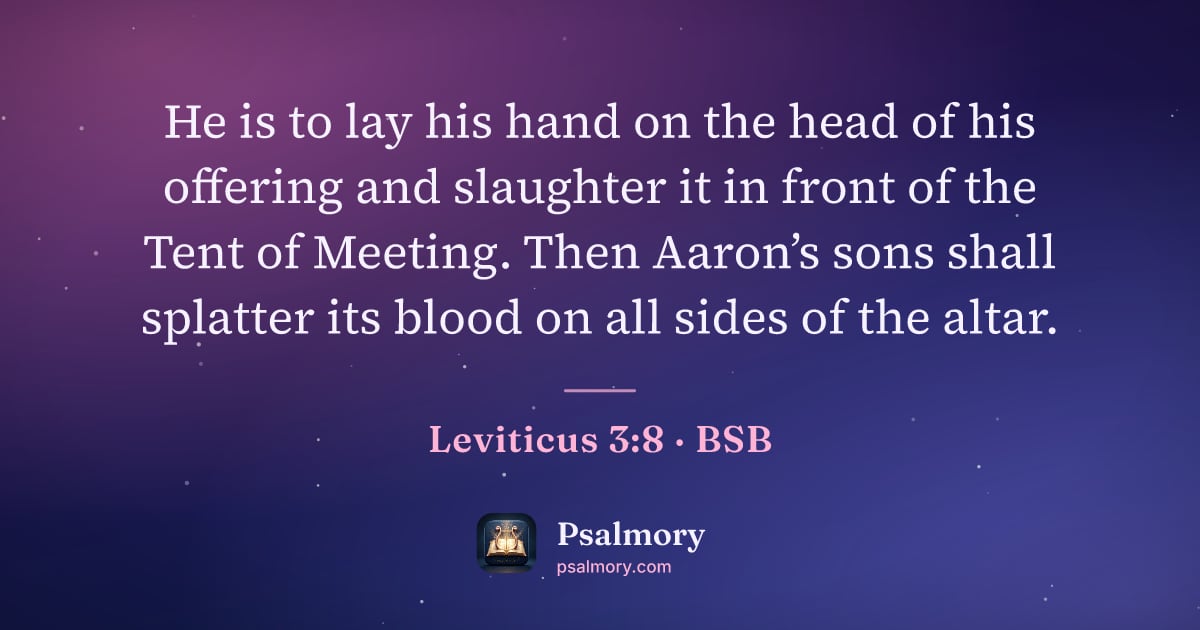 Leviticus 3:8 verse artwork: He is to lay his hand on the head of his offering and slaughter it in front of the Tent…
