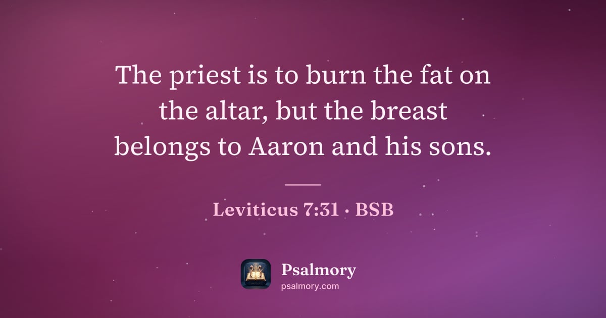 Leviticus 7:31 verse artwork: The priest is to burn the fat on the altar, but the breast belongs to Aaron and his sons.